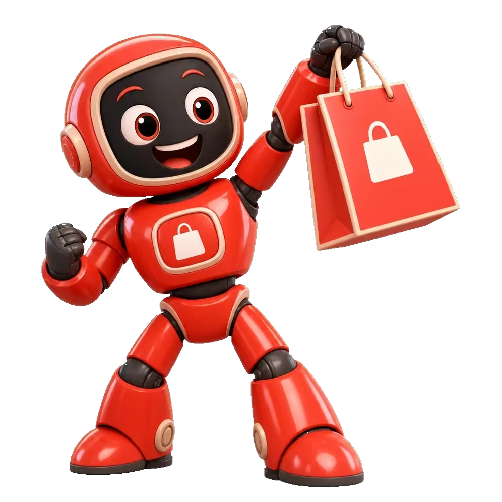 Product action character — a Pixar-style robot representing the product link action