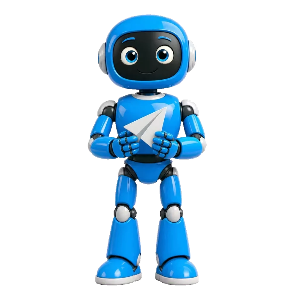 Telegram action character — a Pixar-style robot representing the telegram link action