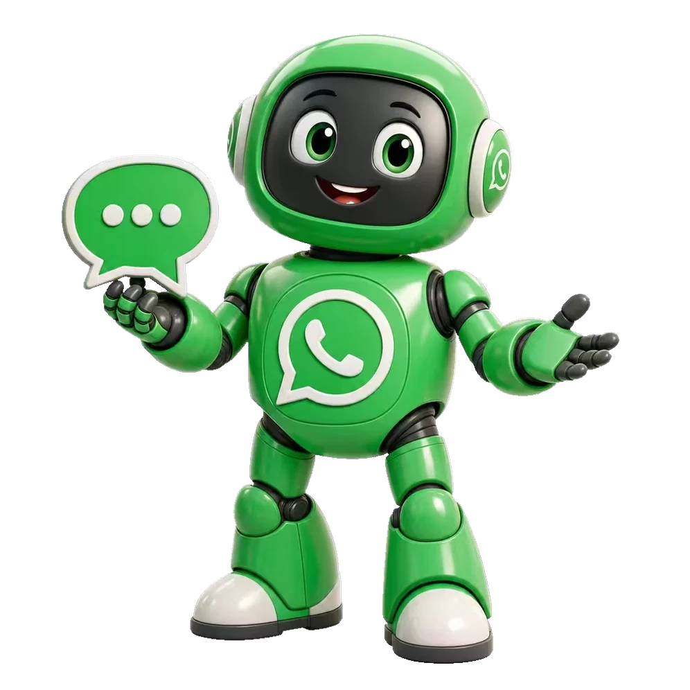 WhatsApp action character — a Pixar-style robot representing the whatsapp link action