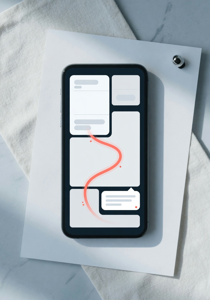 A phone showing a form card connected by a copper line to a chat bubble — the chain made visible